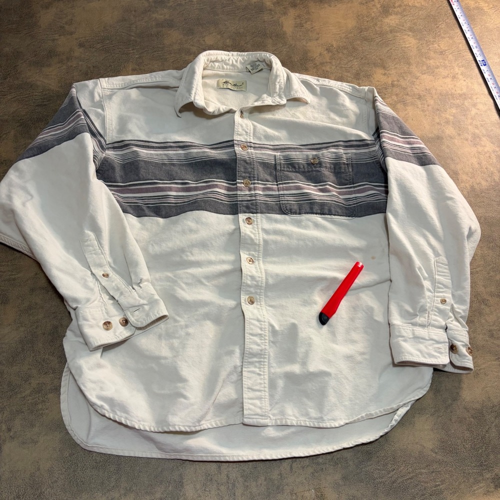 Eddie Bauer Button Down Shirt Mens XL Cream Striped Vintage Cotton USA *STAIN*